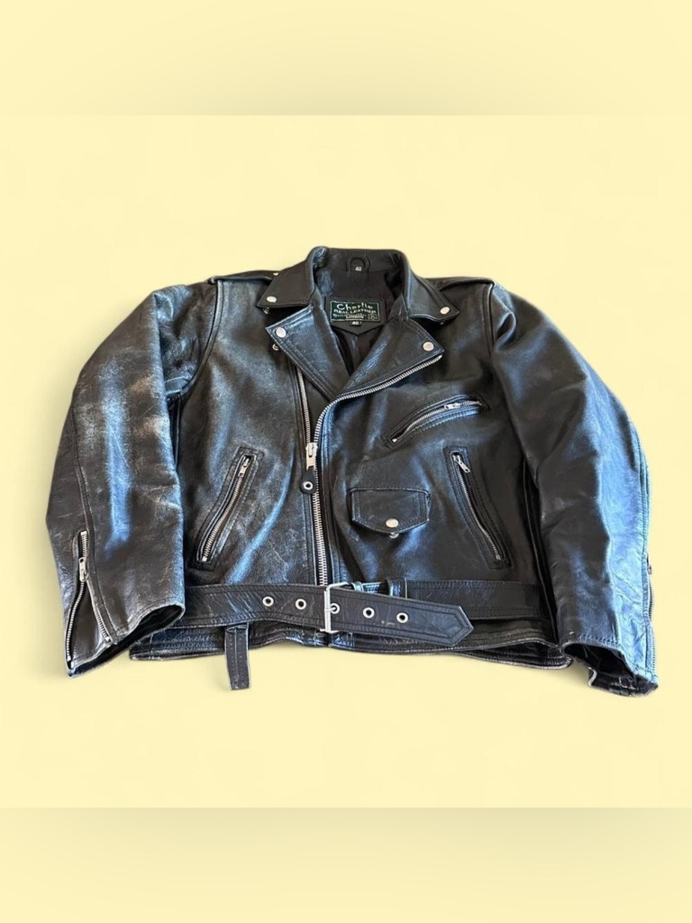 Vintage Distressed Leather Motorcycle Jacket Black Belted Biker M